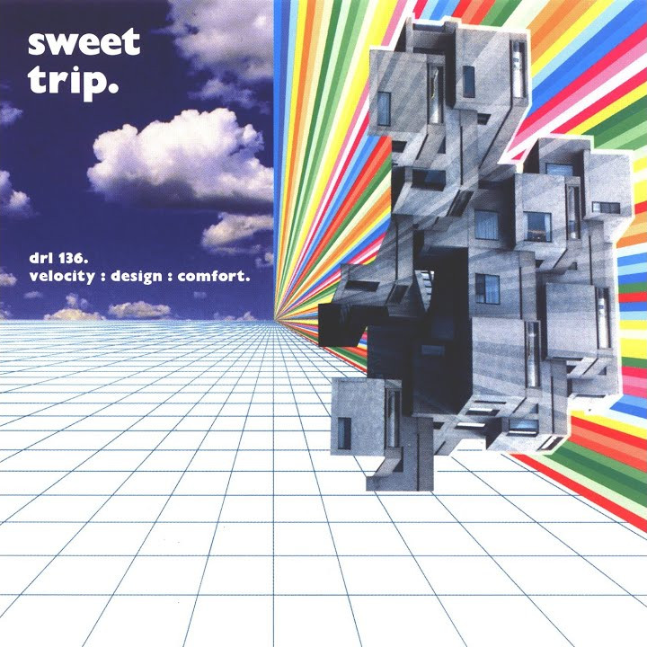An album cover. It depicts a scene where the ground is composed of a vast grid of white squares. Clouds can be seen on the horizon. In the foreground, there is a confusing collection of building facades. There is a rainbow-like ribbon of color on the right side of the cover. Near the top left corner the name of the band 'sweet trip' is typed in lowercase.