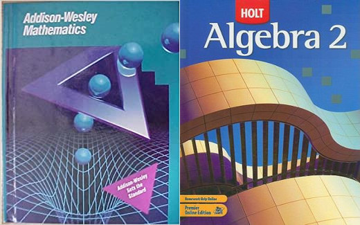 Two old math book covers. The first cover depicts a grid of squares with a large hole in the middle. Spheres are falling from the top right of the cover into the hole, floating through a metallic looking triangular frame on the way down. The second has a a wavy grid covered path being held up by several pillars.