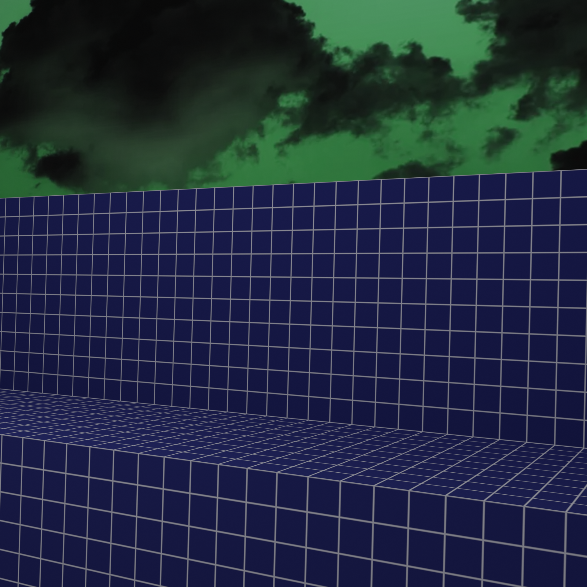 A render of the scene described in my favorite sketch. The grid is navy with white squares. The horizon has black clouds with a green sky.