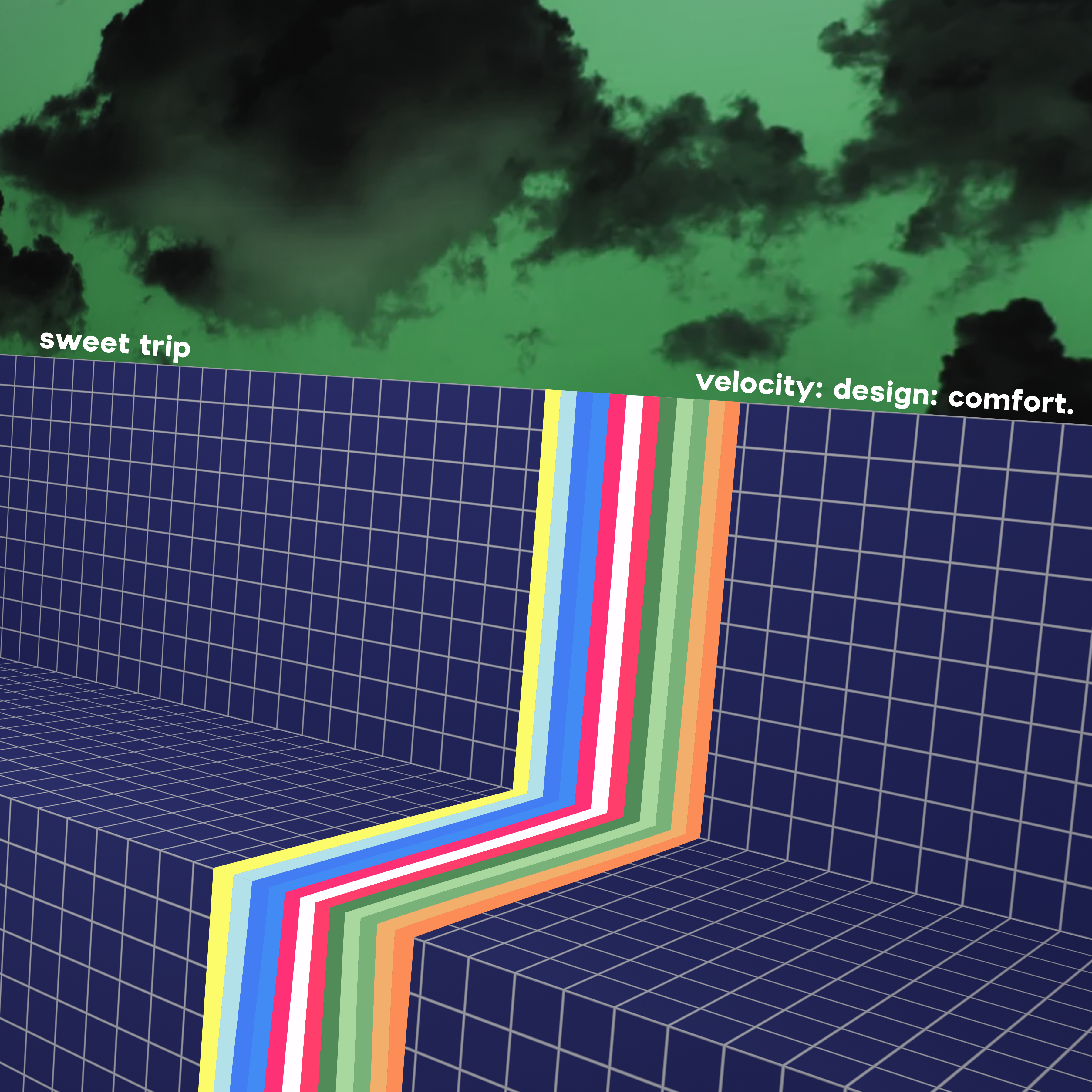 The finished front cover of the album. It has a nice waterfall ribbon thing of cover flowing down the flat grid covered planes. On the horizon is the title of the album and the name of the band. The background is a green sky with black clouds.