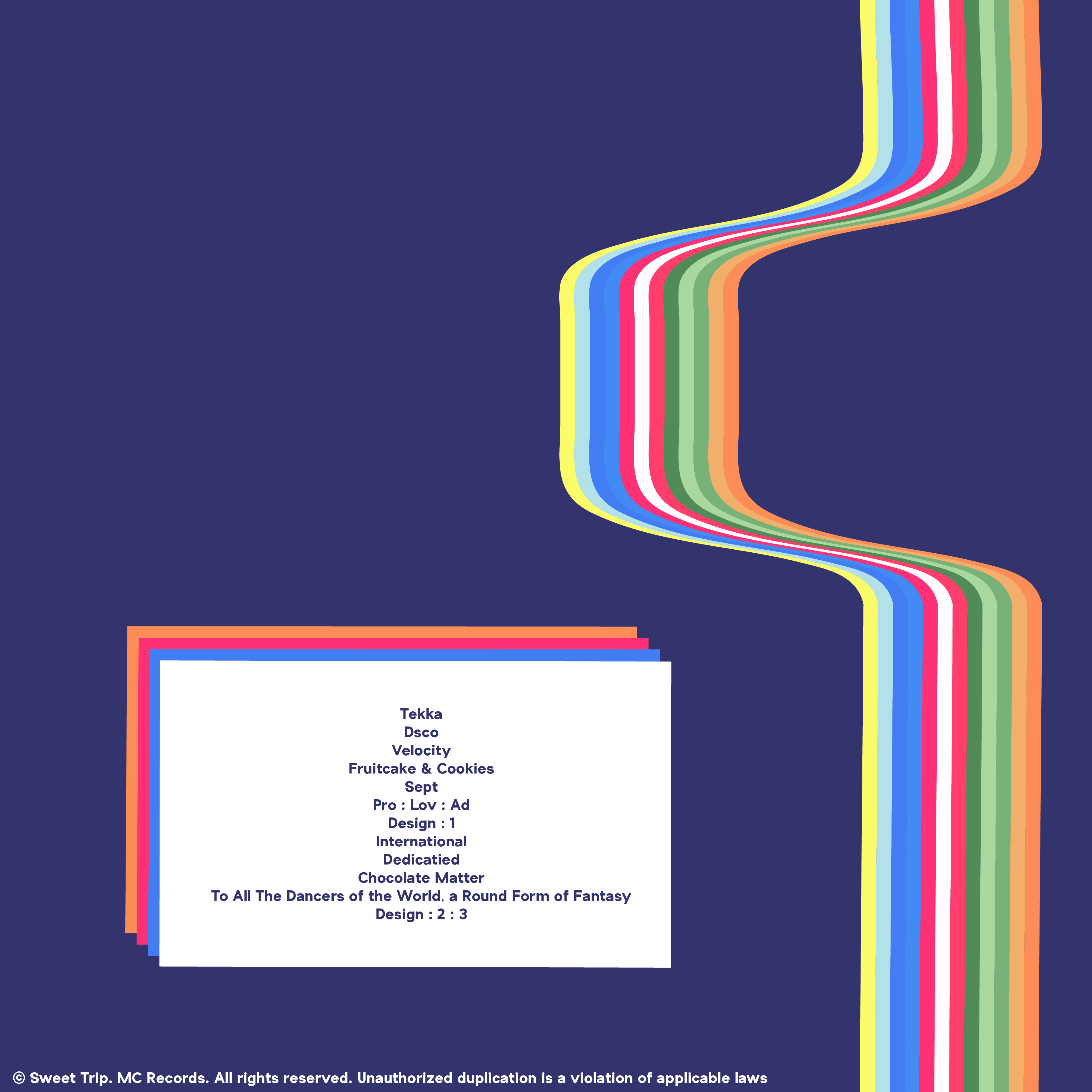 The finished back cover of the album. It has a navy background with a wavy ribbon of the same colors from the front. Near the bottom right of the cover is a white box with the track listing.