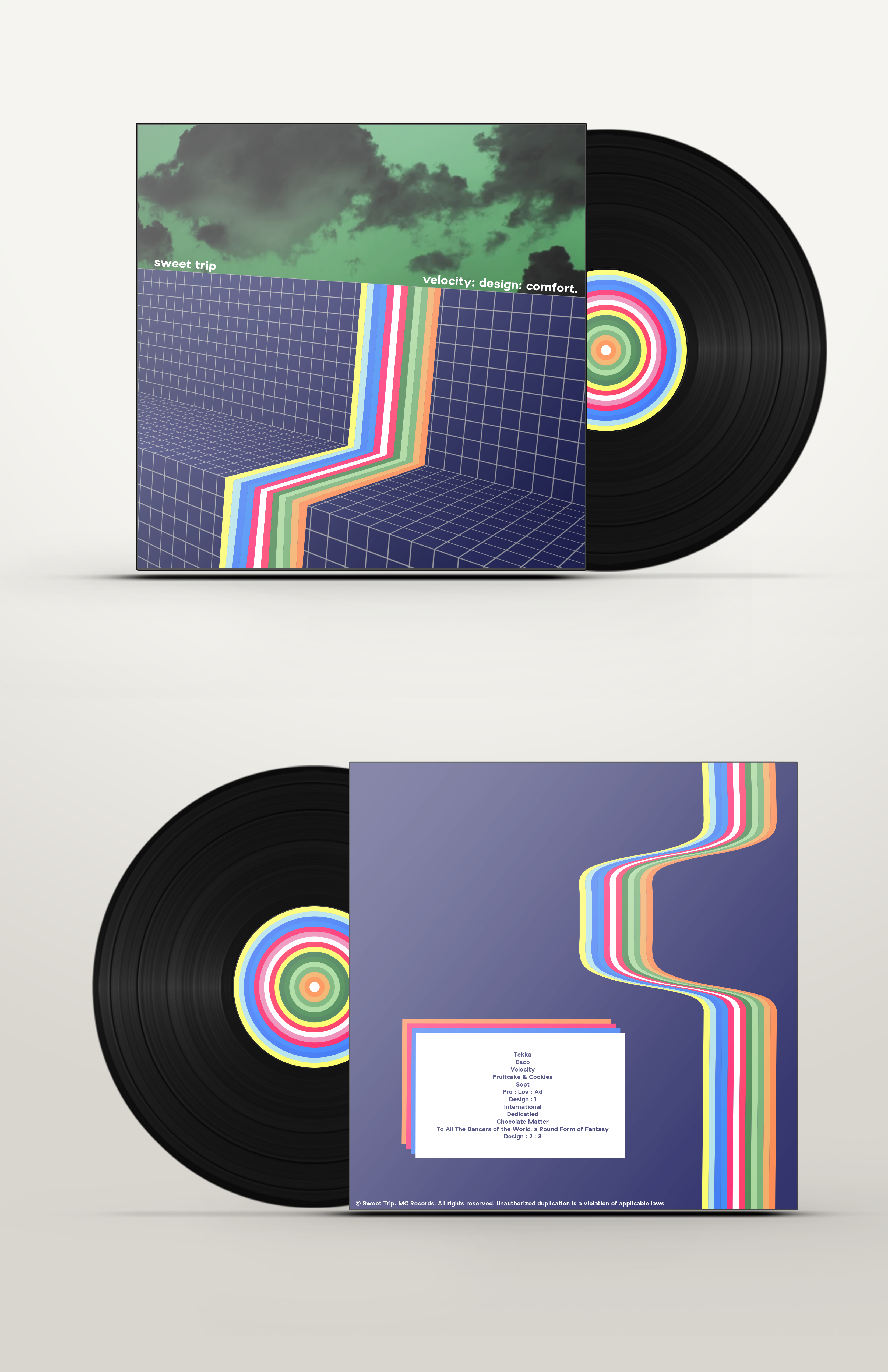 A mockup of all the designs I made. It depicts a record coming out of the sleeve, and shows both the front and back cover. The insert of the record can also be seen, which is formed by several concentric circles that are the same colors as the ribbon of color on the front and back.