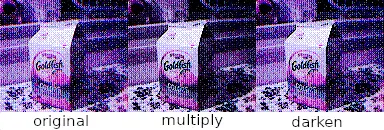A set of three gameboy camera pictures. They show a couple different techniques described above to get better image quality. The subject is a large carton of gold fish.