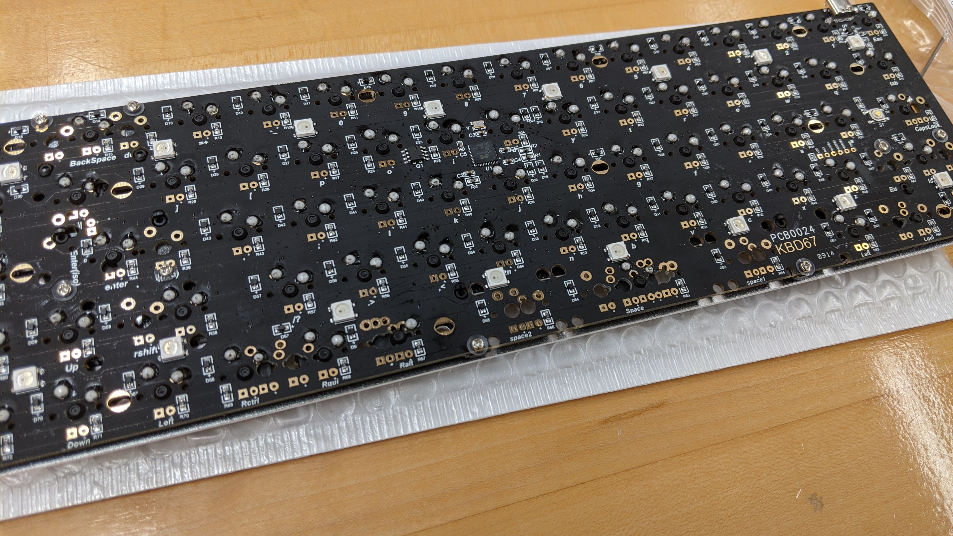 A closeup of the PCB, after all the switches have been soldered into place.