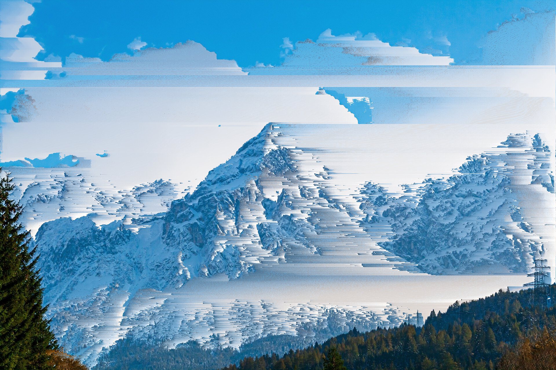 "An image of mountains with a pixel sorting effect applied. The effect is glitchy and produces several gradients along each row of the image."