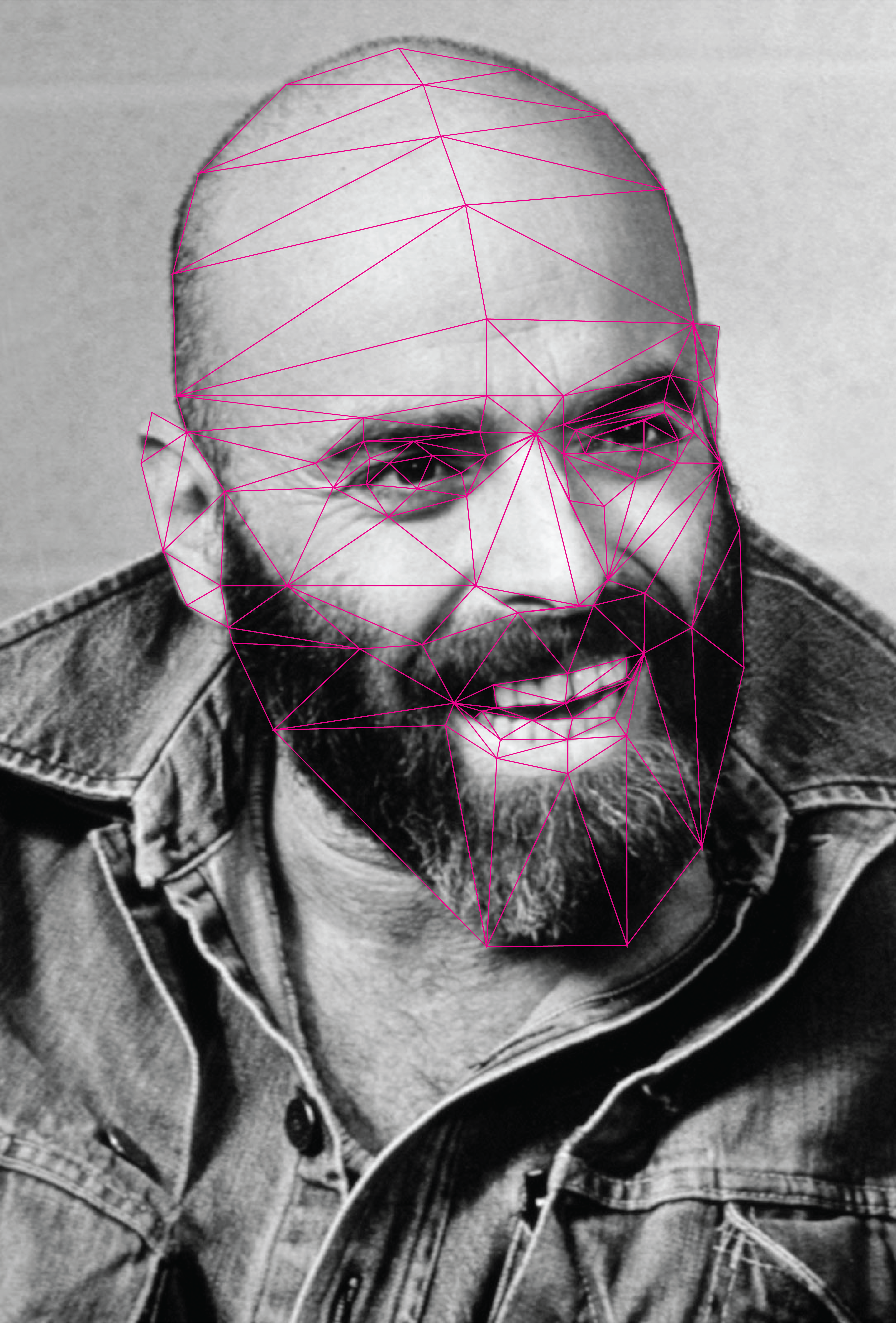 A work-in-progress picture of the Shel portrait. He has magenta lines covering his face in order use triangles to define the shape of his face.